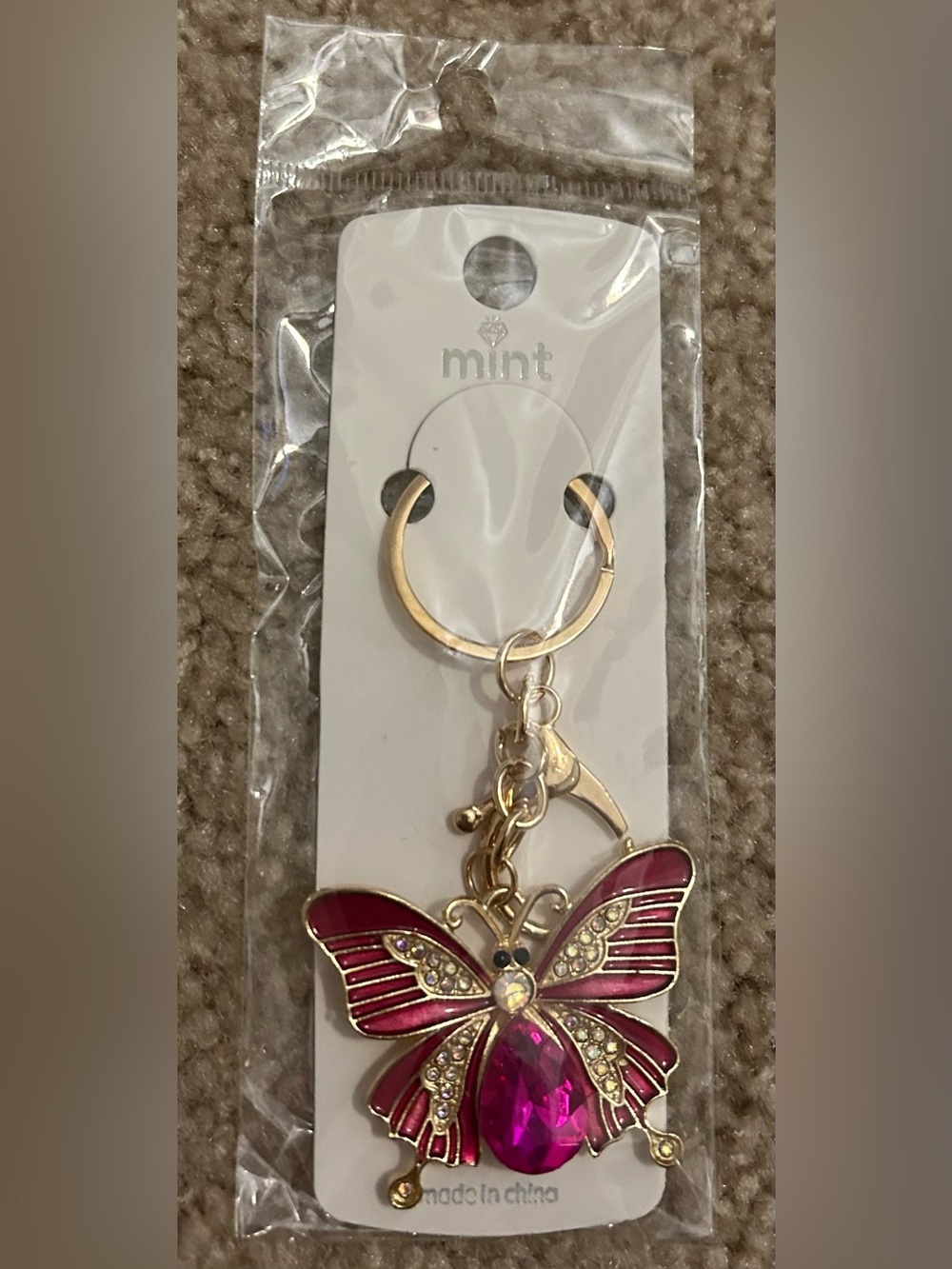 Mint Gold-Tone Keyring with Hot Pink Enamel Butterfly Charm